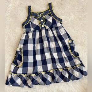 Youngland Y2K Navy & White Gingham Sundress with Yellow Trim, Big Pockets